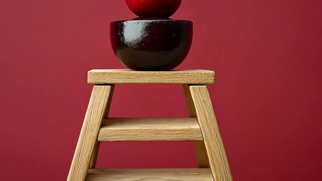 Balancing red objects on a wooden stool against a solid maroon background