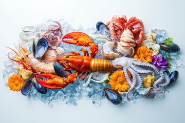 Naklejka premium Fresh seafood arrangement on ice with vibrant flowers.