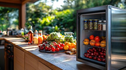 A vibrant outdoor kitchen scene featuring a fridge filled with fresh fruits and vegetables, with jars of preserves, surrounded by a bountiful display of produce on the counter, 