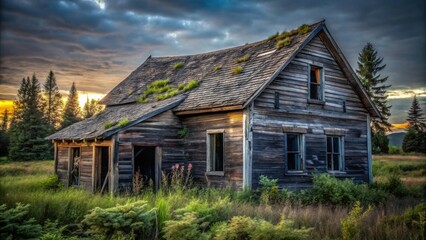 Rustic Wooden House at Sunset, Overgrown with Vegetation and Showing Signs of Age and Decay