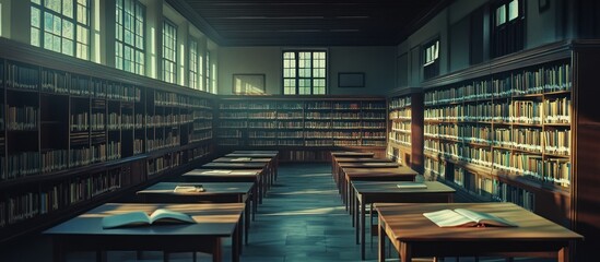 Fototapeta premium Sunlit library interior with wooden tables, bookshelves filled with books, and large windows.