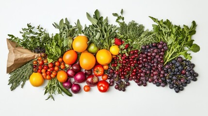 Colorful array of fresh fruits, vegetables, and herbs arranged on a white background.