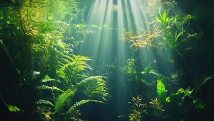 Obraz premium Sunbeams illuminate lush green underwater plants and ferns.