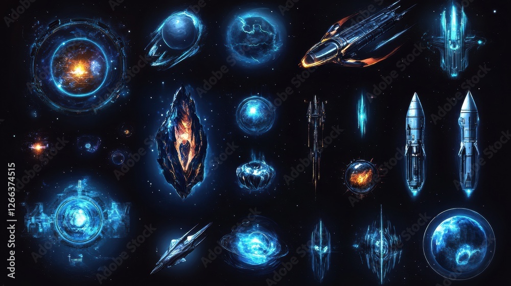 Poster colorful cosmic stickers showcasing various celestial objects and spacecraft in a vibrant design. ge
