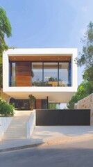 Fototapeta premium Modern white cubic house with wood cladding and glass facade. Sunlit driveway with wide stairs and black gate. Clean design conveys luxury and calm. Ideal for real estate and architecture
