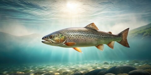 Fototapeta premium A majestic trout gracefully swims in crystal-clear water, sunbeams illuminating its scales and the riverbed below