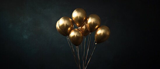 Six gold balloons against a dark background.
