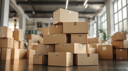 Stacked cardboard boxes in office.
