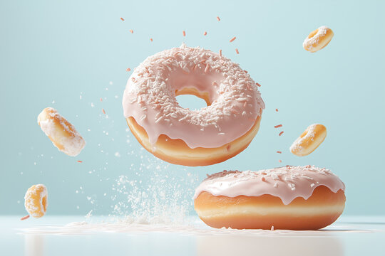 Floating pink-frosted donut with sprinkles against a pastel blue background