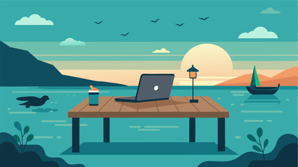Fototapeta premium With only the gentle sound of lapping water and the occasional chirp of a bird a laptop rests comfortably on a rustic dock its owner peacefully engrossed in their work.. Vector illustration