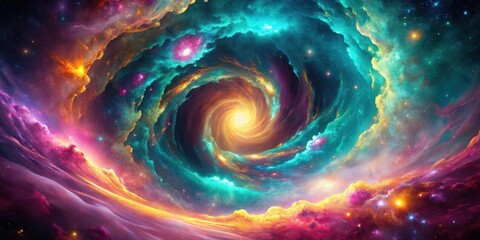 Obraz premium A Whirlwind of Cosmic Nebulae, a Celestial Tapestry Woven with Vivid Hues of Turquoise, Magenta, and Gold, Reveals a Radiant Core