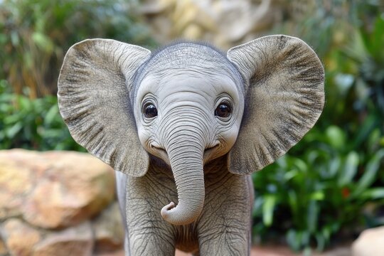 Adorable baby elephant calf close-up portrait.
