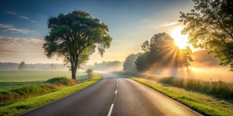 Obraz premium Serene Sunrise Highway A Misty Morning Road Winding Through Lush Green Fields, Bathed in Golden Sunlight