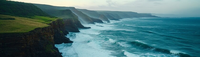 Fototapeta premium The Power of Water: Harnessing Nature’s Energy for Sustainable Hydrodynamics, A stunning coastal landscape with cliffs and rolling waves under a cloudy sky.