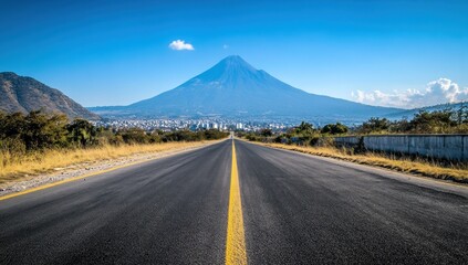 Fototapeta premium Scenic highway leading to a majestic volcano under a clear blue sky.