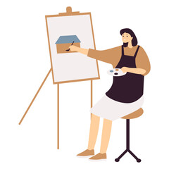 Fototapeta premium Illustration of Person Painting on Canvas. Vector Character in Flat Cartoon Style.
