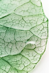 Fototapeta premium Close-up of a translucent green leaf with visible veins and a water droplet.