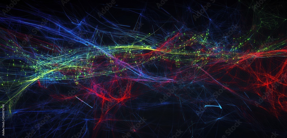 Poster abstract colorful glowing lines and particles on a dark background.