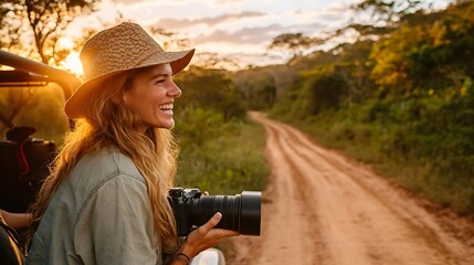 Woman Photographer on Safari Capturing Wildlife at Sunset in African Wilderness

