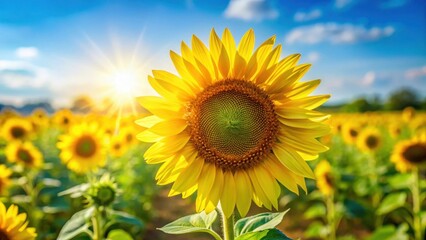 Fototapeta premium Radiant Sunflower in a Golden Field Bathed in Warm Sunlight, a Vibrant Summer Scene of Nature's Beauty