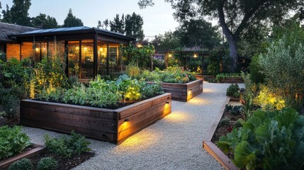 Illuminated raised garden beds at dusk creating a serene outdoor oasis