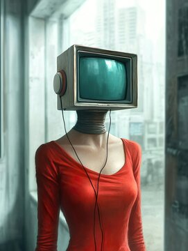 surreal young woman with a tv head created by generative AI
