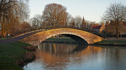 Fototapeta premium Autumnal park bridge over canal at dawn