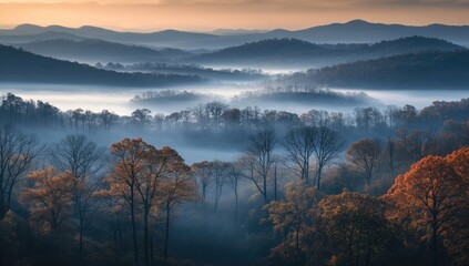 Misty Autumn Sunrise Over Appalachian Mountains