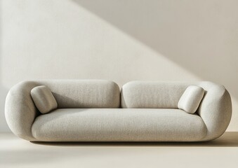 Modern beige sofa in minimalist living room with sunlight