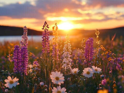 sunset in the field of flowers created by generative AI
