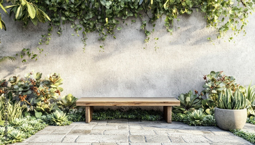 Wall mural Wooden bench in a garden with plants and a concrete wall.