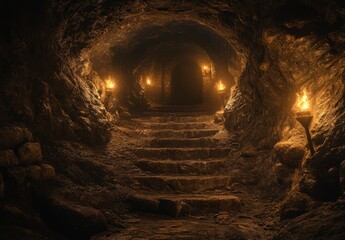 Mysterious Dark Cave with Stone Steps and Flickering Torches