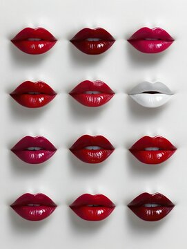 art illustration of various shades of red lips and a single set of white lips, created by generative AI