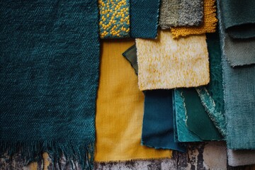 Teal and mustard yellow fabric swatches arranged on a textured surface.