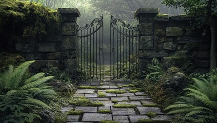 Mossy stone wall with ornate iron gate leading to a mysterious path in a lush, misty forest.