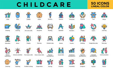 Childcare icons set with child, baby, toddler, infant, nursery, daycare, preschool, playtime, toys, blocks icon. Simple lineal color vector 
