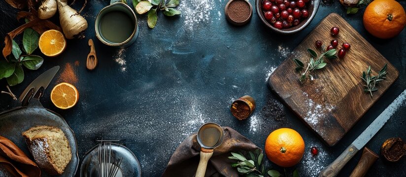 Overhead view of baking ingredients, including oranges, cranberries, bread, and spices, arranged on a dark blue surface.