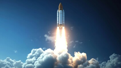 A rocket taking off from the laptop screen, with a blue sky and white clouds in the background. The picture is bright and full of energy, symbolizing technological growth.