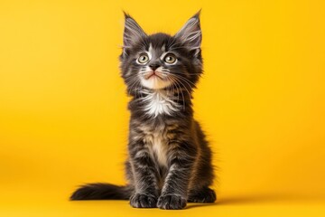 Adorable grey tabby Maine Coon kitten sitting on yellow background, looking up.
