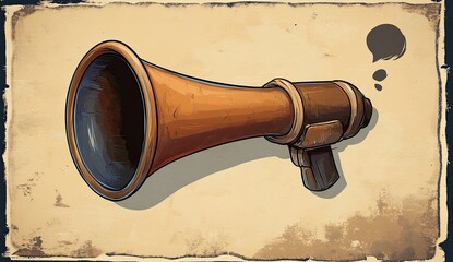 Antique megaphone on aged parchment background with thought bubble