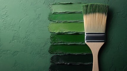 Green paint swatches and brush on textured surface