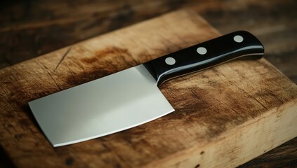 Black and white meat cleaver with a black handle on a wooden board. The knife is sharp, reflecting light, and has four round dots at the bottom of its blade for added functionality in the top view.