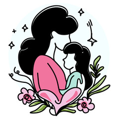 Mother's Day A mother tenderly hugging her child, surrounded by vibrant flowers and leaves, symbolizing love, care, and the beauty of motherhood. Perfect for greeting cards, social media
