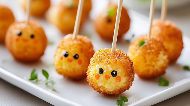 Kawaii chicken shaped rice balls skewered, featuring playful facial expressions, presenting whimsical appetizer delighting both children and grown ups at festive events
