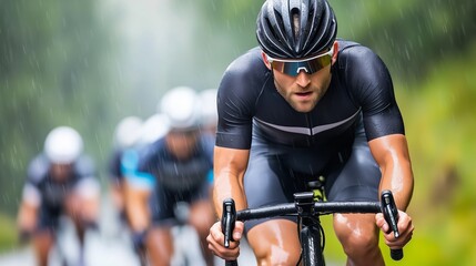 Professional cyclist leading a group of fellow racers through a challenging race in the rain, showcasing focus and determination while wearing a helmet and glasses