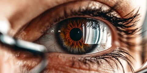 Fototapeta premium A high-detail close-up of a woman’s eye during an advanced ophthalmology exam, highlighting precision, modern medical technology and professional eye care.