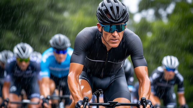 Professional cyclists racing in heavy rain, showcasing determination and endurance. The leading cyclist, clad in a striking black and grey kit, pushes through challenging conditions