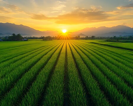 A golden sunrise casting soft light over a green rice field with mist hovering above the crops. The spacious sky creates a perfect area for promotional content