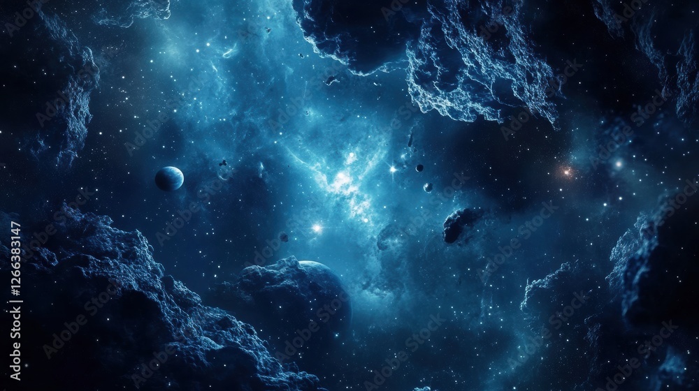 Poster cosmic wonder filled with vibrant blue tones and swirling clouds of space and celestial bodies. gene