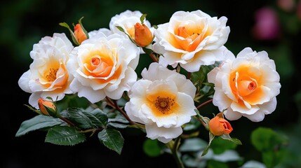 Close-up of vibrant orange-and-white roses